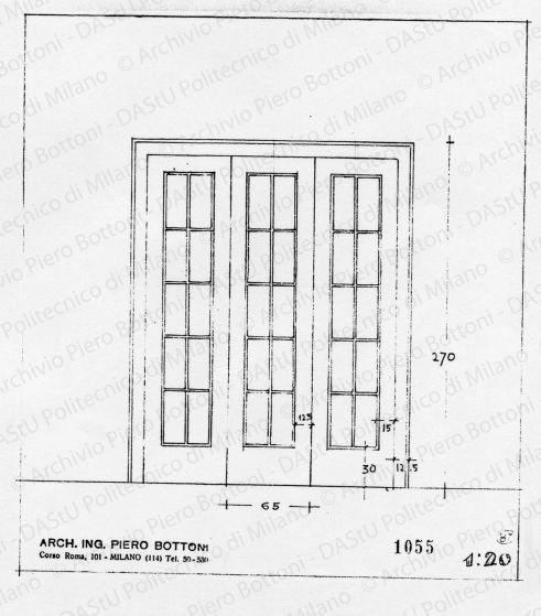 Porta a vetri, scala 1:20, prot. 1055, s.d. Matita su lucido, cm 22,1x19,7.