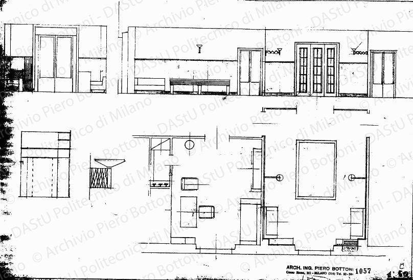 Arredamento, pianta, prospetti e sezione, scala 1:50, prot. 1057, s.d. Matita su lucido, cm 29,3x43,3. 
