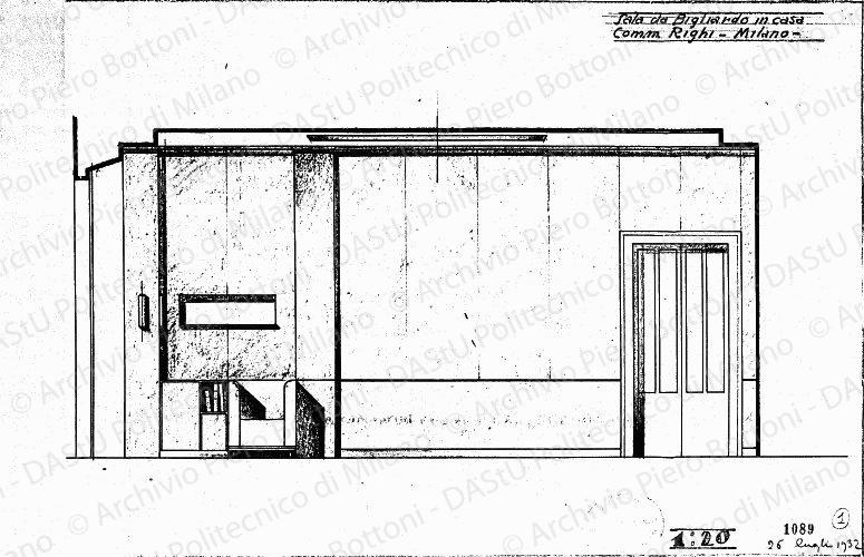 Sala del bigliardo in casa comm. Righi, Milano, prospetto, scala 1:20, prot. 1089, 26 luglio 1932. Matita e china su lucido, cm 28,5x41,0. 