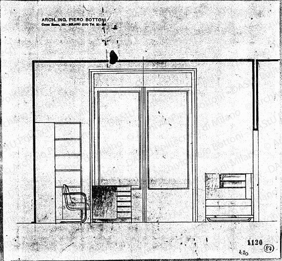 Arredo studio, prospetto, scala 1:20, prot. 1120, s.d. Matita su lucido, cm 26,8x28,7. 