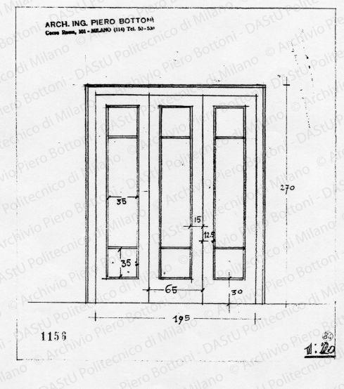 Porta a vetri, scala 1:20, prot. 1156, s.d. Matita su lucido, cm 21,4x19,5.