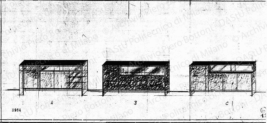 Mobili, assonometrie, scala 1:20, prot. 1984, s.d. Matita su carta, cm 22,5x49,7. 