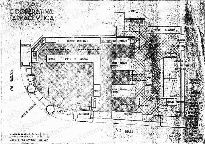 Cooperativa farmaceutica, organizzazione logistica, pianta, scala 1:20, s.d. Eliografia su carta, cm 52,5x74,4. 