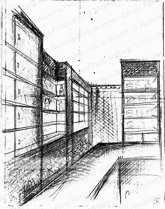 Schizzo prospettico dell'arredo interno, s.d. Matita e matite colorate su carta, cm 36,0x19,0. Annotazione manoscritta: particolare del progetto della Ditta A. [?].