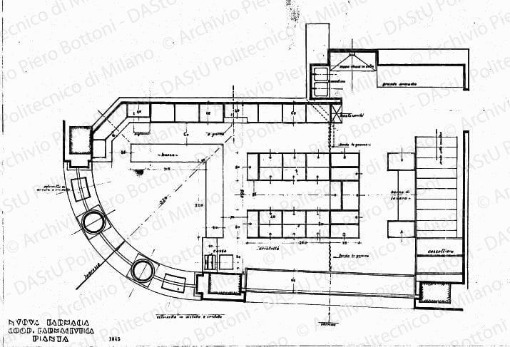 Nuova farmacia Coop. farmaceutica, sezione CD, scala 1:20, prot. 1048, s.d. Matita su lucido, cm34,3x39,8. 