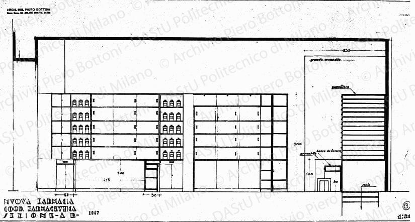 Nuova farmacia Coop. farmaceutica, pianta, scala 1:20, prot. 1045, s.d. Matita su lucido, cm 50,3x85,5. 