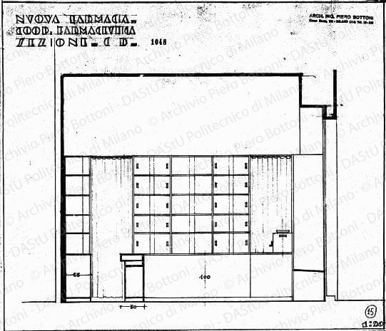 Nuova farmacia Coop. farmaceutica, sezione AB, scala 1:20, prot. 1047, s.d. Matita su lucido, cm 34,5x64,3. 