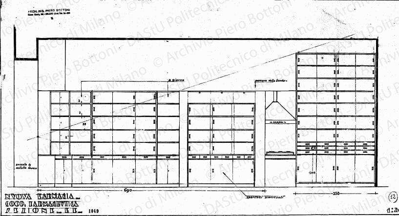 Nuova farmacia Coop. farmaceutica, sezione EF, scala 1:20, prot. 1049, s.d. Matita su lucido, cm 34,5x63,7. 