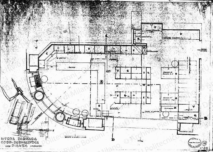Indicazione delle sezioni su: Nuova farmacia Coop. farmaceutica, pianta (variante), scala 1:20, prot.1050, s.d. Matita rossa su eliografia su carta, cm 44,8x68,5. Correzioni e schizzi di particolari a matita. Sul verso: schizzi a matita. 