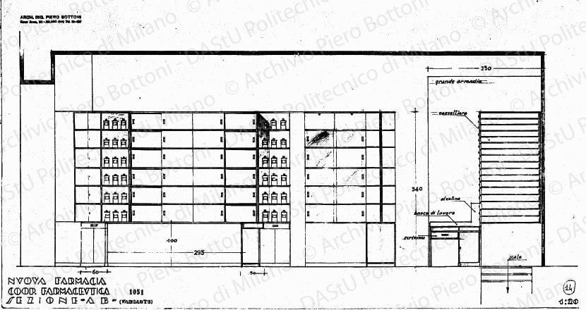 Nuova farmacia Coop. farmaceutica, sezione AB (variante), scala 1:20, prot. 1051, s.d. Matita su lucido, cm 34,0x63,5. 