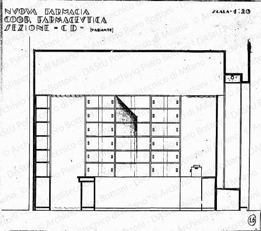 Nuova farmacia Coop. farmaceutica, sezione CD (variante), scala 1:20, s.d. Matita su lucido, cm 33,5x37,8. 