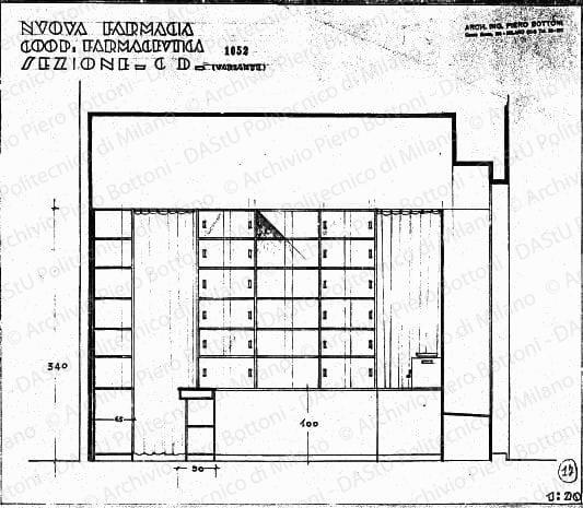 Nuova farmacia Coop. farmaceutica, sezione CD (variante), scala 1:20, s.d. Matita su lucido, cm 33,8x33,4. 