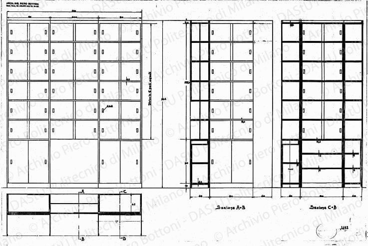 Scaffalatura, pianta, prospetti e sezioni, scala 1:10, prot. 1082, s.d. China e matita su lucido, cm 65,0x75,5. 