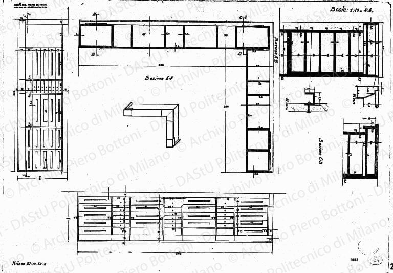 Cassettiere, pianta, prospetti e sezioni, scala 1:5, 1:10, prot. 1092, 27 luglio 1932. China e matita su lucido, cm 54,8x77,7. 