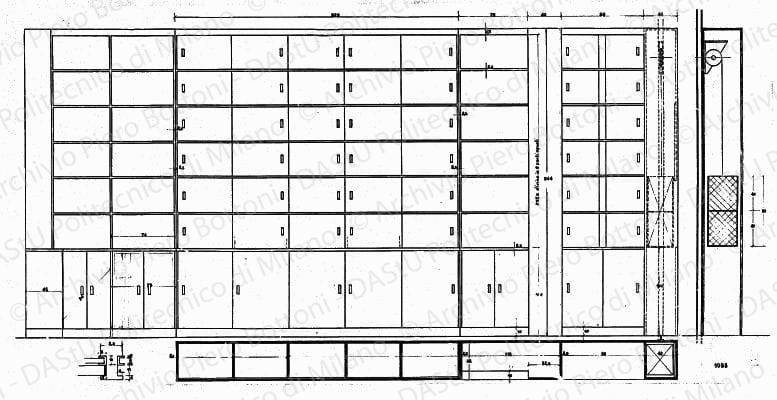 Scaffalatura, pianta, prospetti e sezioni, scala 1:10, prot. 1093, s.d. China e matita su lucido, cm 43,0x85,2. 