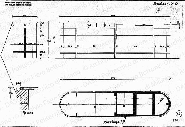 Banco, pianta, prospetti e particolare, scala 1:1, 1:10, prot. 1126, s.d. China e matita su lucido, cm 32,0x47,0. 