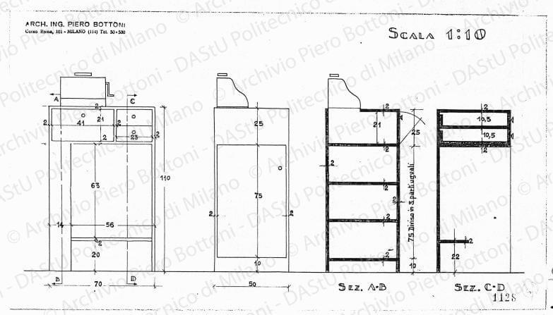 Mobile cassa, scala 1:10, prot. 1128, s.d. China e matita su lucido, cm 19,8x36,0. 