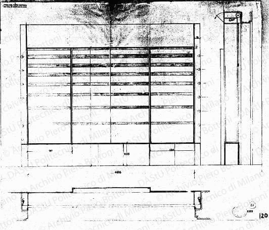 Vetrina, pianta, prospetto e sezione, scala 1:10, prot. 1133, s.d. Matita su lucido, cm 63,0x75,3.