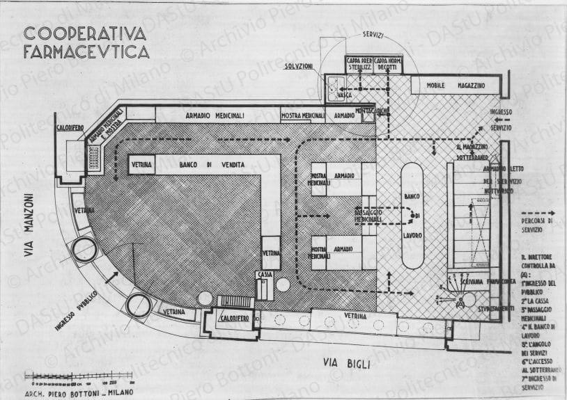 Riproduzione di pianta piano terreno con arredamento. Positivo, bianco e nero, 148x206 mm, album giallo n.6, pag.1.