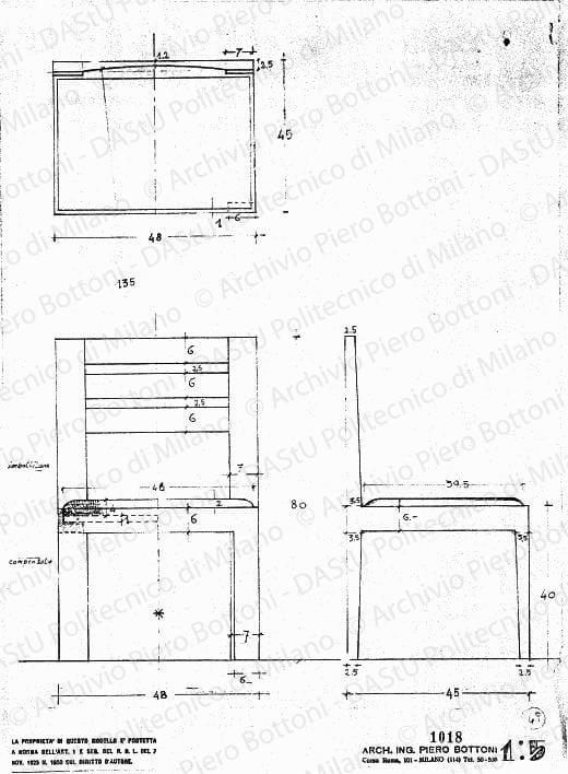 Sedia, viste, scala 1:5, prot. 1018, s.d. Matita su lucido, cm 38,0x27,5. 