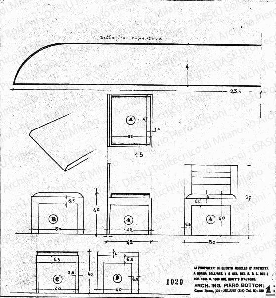 Sedia e sgabello, viste e particolare, scala 1:1, 1:10, prot. 1020, s.d. Matita su lucido, cm 28,4x27,5.
