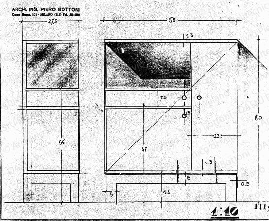 Mobiletto, vista frontale e laterale, scala 1:10, prot. 1114, s.d. Matita su lucido, cm 21,7x26,3. 