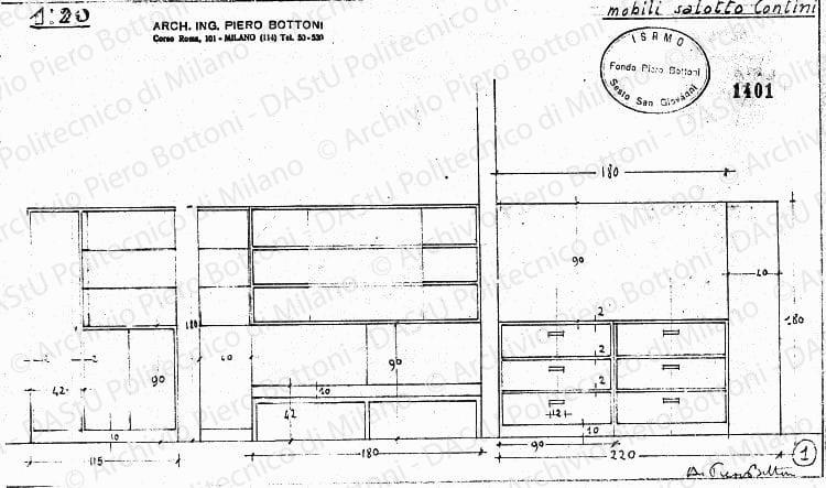 Mobili salotto Contini, viste frontali, scala 1:20, prot. 1401, s.d. Matita su lucido, firmato da P. Bottoni, cm 19,0x32,0. 