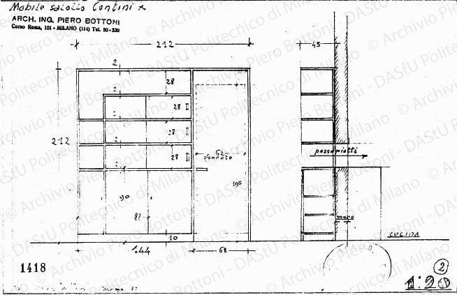 Mobile salotto Contini, vista frontale e laterale, scala 1:20, prot. 1418, marzo 1932. Matita su lucido, firmato da P. Bottoni, cm 19,0x32,0. 