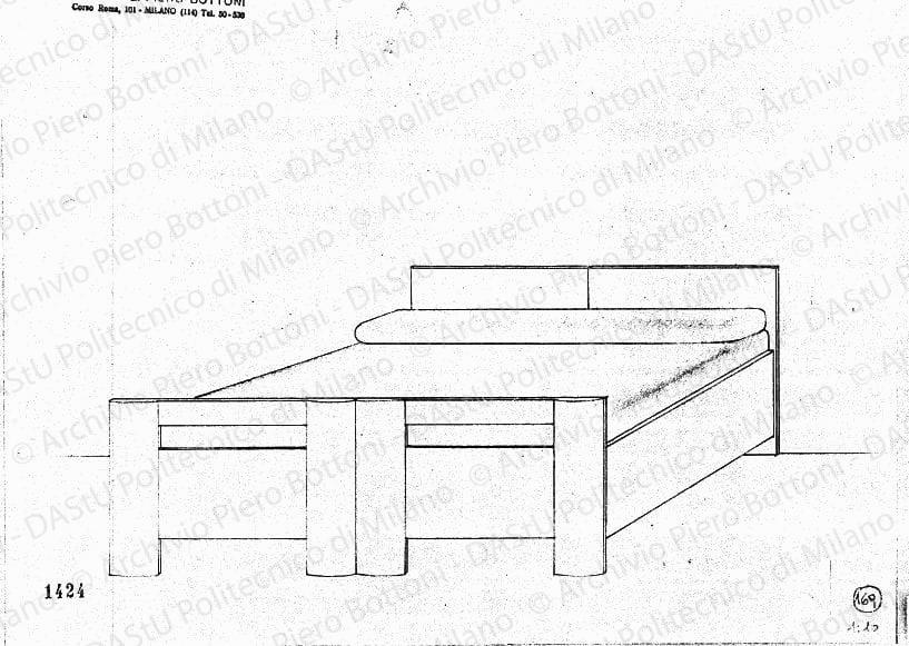 Letto, assonometria, scala 1:10, prot. 1424, s.d. Matita su lucido, cm 26,0x34,5. 