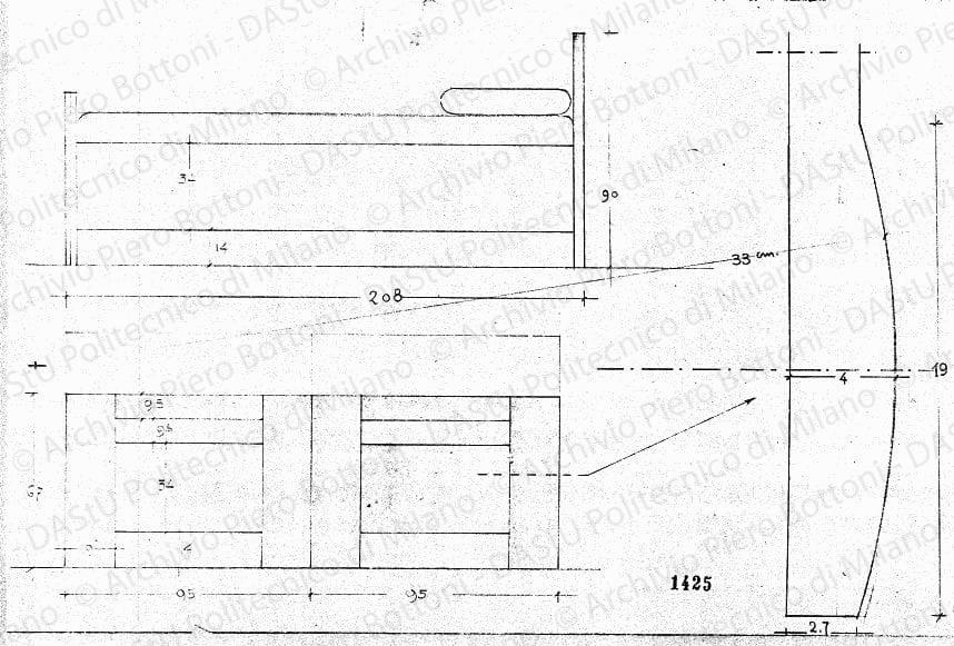 Letto, vista frontale, laterale e particolare, scala 1:1,1:10, prot. 1425, s.d. Matita su lucido, cm 28,5x38,0. 