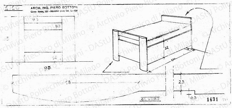 Letto, vista frontale, assonometria e particolare, scala 1:1,1:10, prot. 1431, s.d. Matita su lucido, cm 14,0x32,6. 