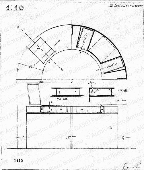 Toilettes-bureau, pianta, sezioni e vista, scala 1:10, prot. 1445, s.d. Matita su lucido, firmato da P.Bottoni, cm 31,2x26,0. 