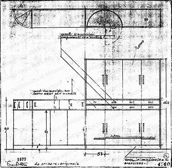 Mobile cucina, pianta e vista frontale, scala 1:10, prot. 1677, s.d. Matita su lucido, firmato da P.Bottoni, cm 30,5x30,8. 
