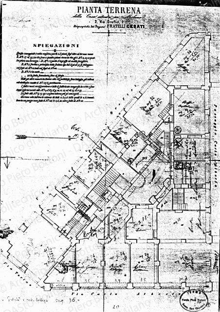 Annotazioni d'uso e di superfici dei locali su: Casa in via Orefici 2, pianta piano terreno, scala 1:100, s.d. Matita su stampa su carta telata, cm 46,5x33,0.