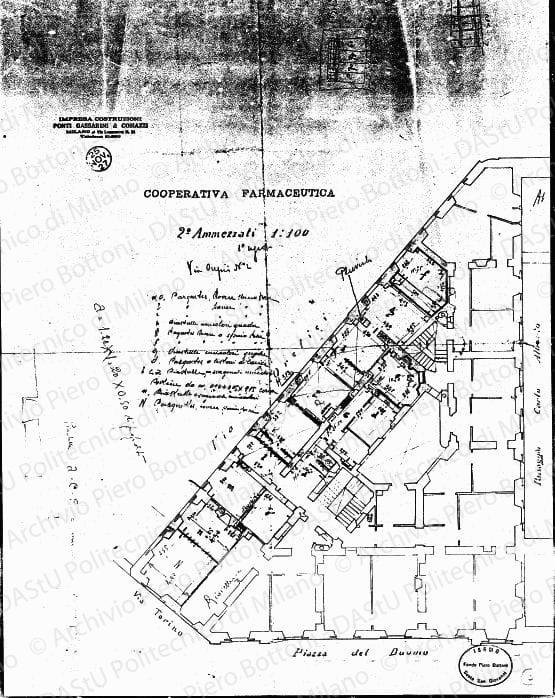 Rilievo su: Cooperativa Farmaceutica, pianta 2° ammezzato, scala 1:100, 25 novembre 1927. Matita su eliografia acquerellata su carta, cm 56,0x43,7.