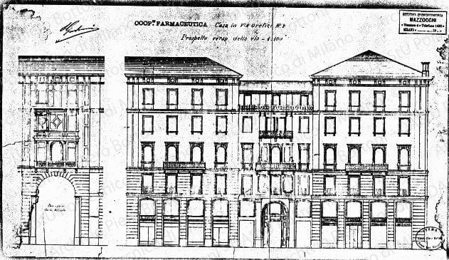 Studio per la sistemazione di vetrine di negozi su: Cooperativa Farmaceutica, Casa in via Orefici n.2, prospetto verso detta via, scala 1:100, s.d. Matita e matita verde su eliografia acquerellata su carta, cm 36,0x64,0.