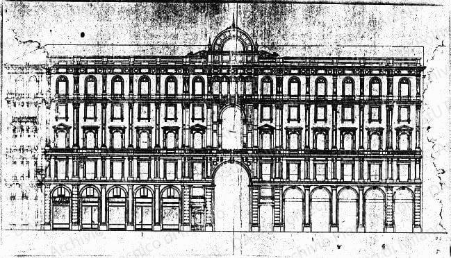 Studio per la sistemazione di vetrine di negozi su: Cooperativa Farmaceutica, Casa in via Orefici n.2, prospetto su piazza del Duomo, scala 1:100, s.d. China, matita e acquerelli su carta, cm 37,5x66,5.