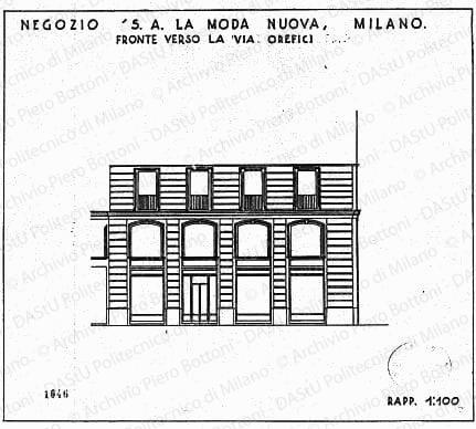 Negozio "S. A. La Moda Nuova", Milano, fronte verso la via Orefici, scala 1:100, prot. 1646, s.d. China su lucido, cm 39,0x87,0, 