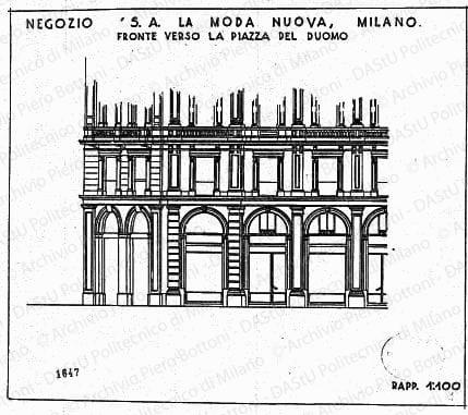 Negozio "S. A. La Moda Nuova", Milano, fronte verso la piazza del Duomo, scala 1:100, prot. 1647, s.d. China su lucido, cm 27,0x31,0. 