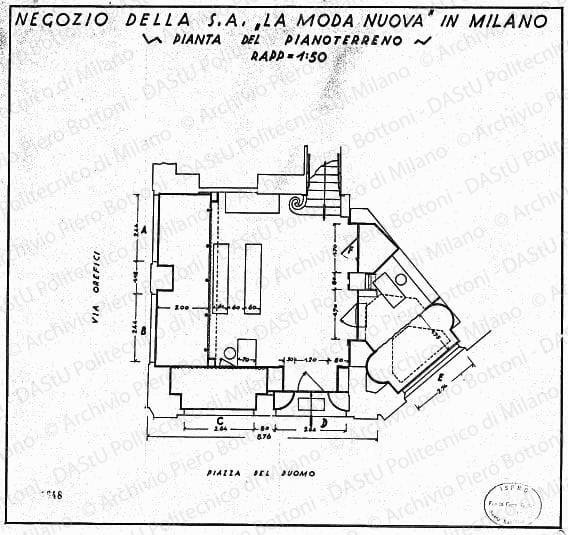 Negozio della S. A. "La Moda Nuova" in Milano, pianta del piano terreno, scala 1:50, prot. 1648,s.d. China su lucido, cm 41,4x44,2. 