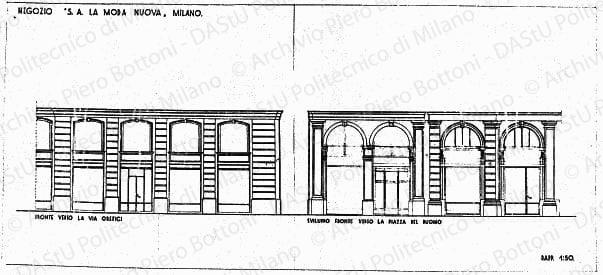 Negozio "S. A. La Moda Nuova", Milano, fronte verso la via Orefici, sviluppo fronte verso la piazza del Duomo, scala 1:50, s.d. China e matita su lucido, cm 38,7x87,0. 