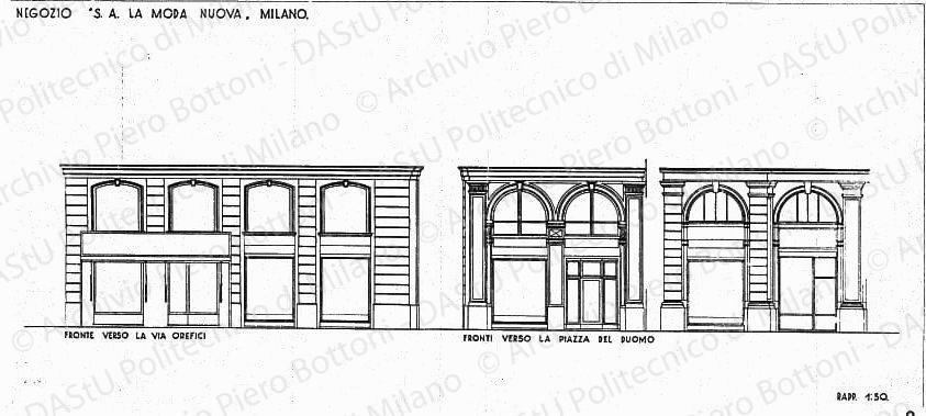 Negozio "S. A. La Moda Nuova", Milano, fronte verso la via Orefici, fronti verso la piazza del Duomo, scala 1:50, prot. 1649, s.d. China su lucido, cm 37,5x86,0.