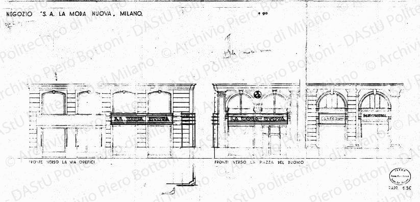Studio delle insegne su: Negozio "S. A. La Moda Nuova", Milano, fronte verso la via Orefici, fronti verso la piazza del Duomo, scala 1:50, s.d. Matita su eliografia su carta, cm 45,0x84,0.