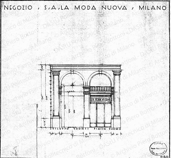 Negozio "S. A. La Moda Nuova", Milano, sviluppo fronti piazza Duomo, scala 1:50, s.d. China rossa e matita su lucido, cm 41,0x44,5. 