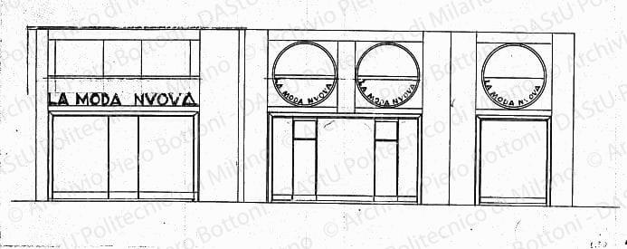 Studio delle vetrine, fronti verso via Orefici e piazza del Duomo, scala 1:50, s.d. China e matita su lucido, cm 22,0x52,5. 