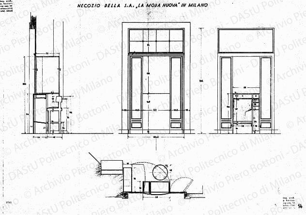 Negozio della S. A. "La Moda Nuova" in Milano, particolari di una vetrina, scala 1:10, prot.1682, s.d. Matita su lucido, cm 62,6x89,5. 