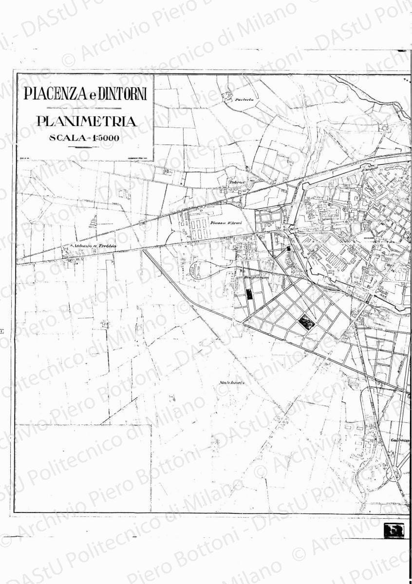 Studio d'ampliamento su: Piacenza e dintorni, planimetria, scala 1:5000, febbraio 1934. Inchiostri colorati e matita verde su eliografia su carta, cm 99,7 x 149,2.