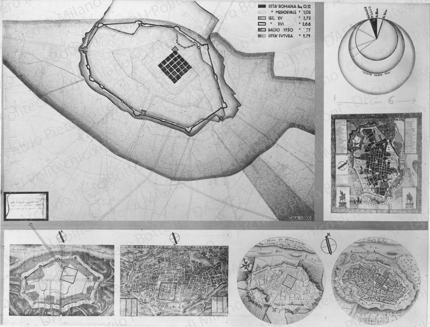 Riproduzione della tavola 2: 'Successivi ampliamenti della città in rapporto al suo sviluppo storico', planimetrie e mappe storiche. Positivo, bianco e nero, 166x217 mm, album giallo n.5, pag.49.