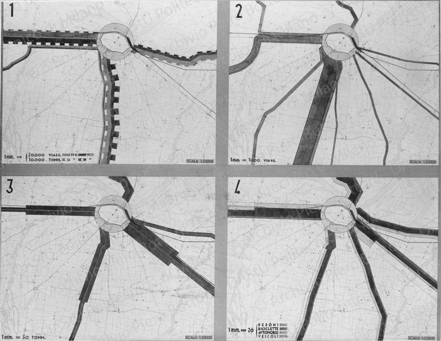 Riproduzione della tavola 5: 'Analisi del traffico di vario tipo considerato ai margini della città: fig. 1) nelle tranvie a vapore (1912-1932); fig. 2) sugli autobus pubblici interurbani; fig. 3) sulle strade tonnellaggio (1928); fig. 4) sulle strade numerico (1933)', planimetrie e diagrammi. Positivo, bianco e nero, 171x221 mm, album giallo n.5, pag.52.