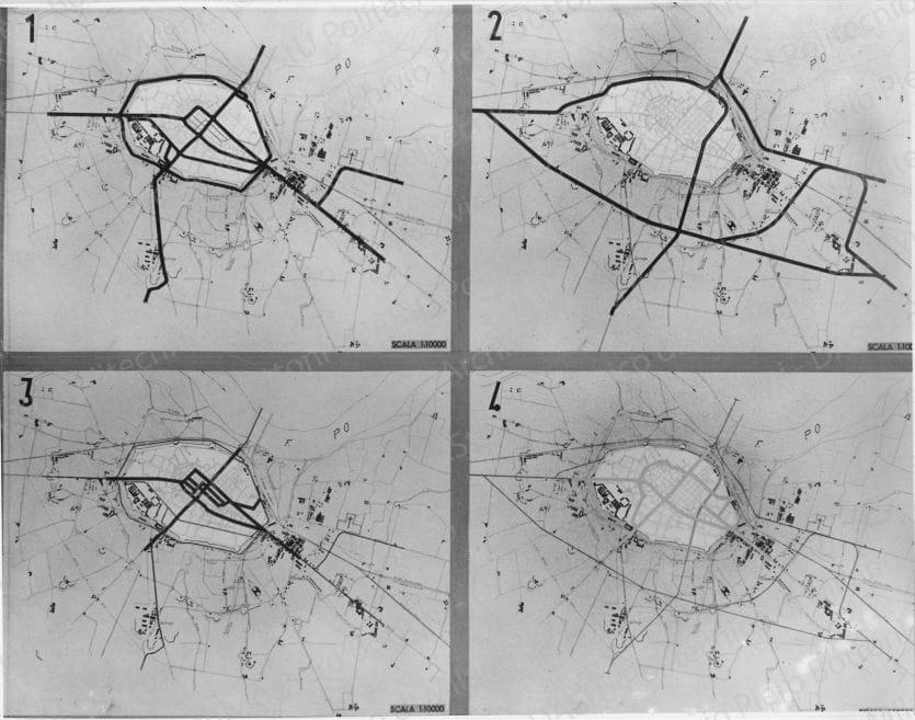 Riproduzione della tavola 8: 'Percorsi del traffico di transito e del traffico esterno (locale) presenti e futuri: fig.1) traffico di transito attuale; 2) id. id. futuro; 3) traffico esterno attuale; fig. 4) id. id. futuro', planimetrie. Positivo, bianco e nero, 166x212 mm, album giallo n.5, pag.55.